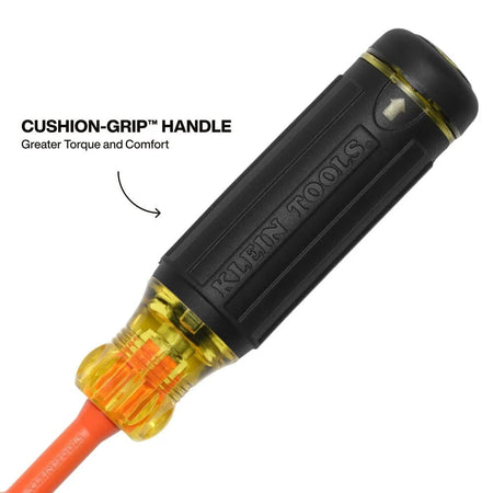 Detail view of the black Cushion-Grip handle designed for greater torque and comfort, connected to the clear yellow plastic base and orange insulated shaft.