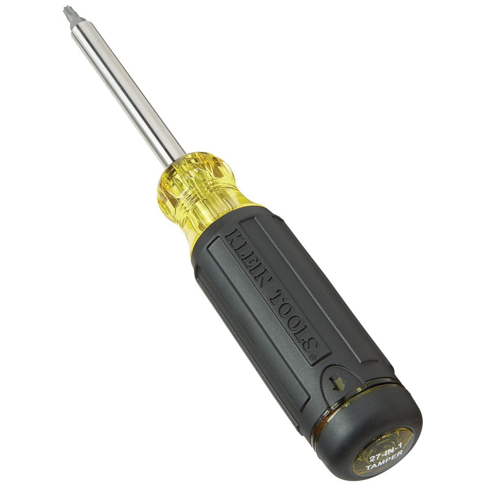A perspective studio view of the Klein 32307 multi-bit screwdriver highlighting the high-torque handle design and the corrosion-resistant stainless steel shank with a specialty tamper-resistant bit.