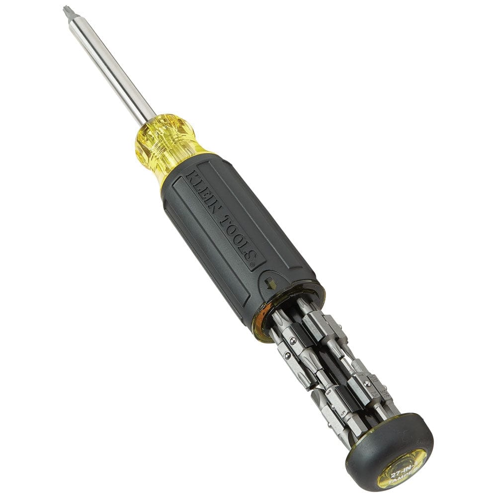 A high-resolution image of the Klein 32307 multi-bit driver with the handle end opened to reveal the organized internal storage for twenty-six industrial-strength specialty tamperproof bits.