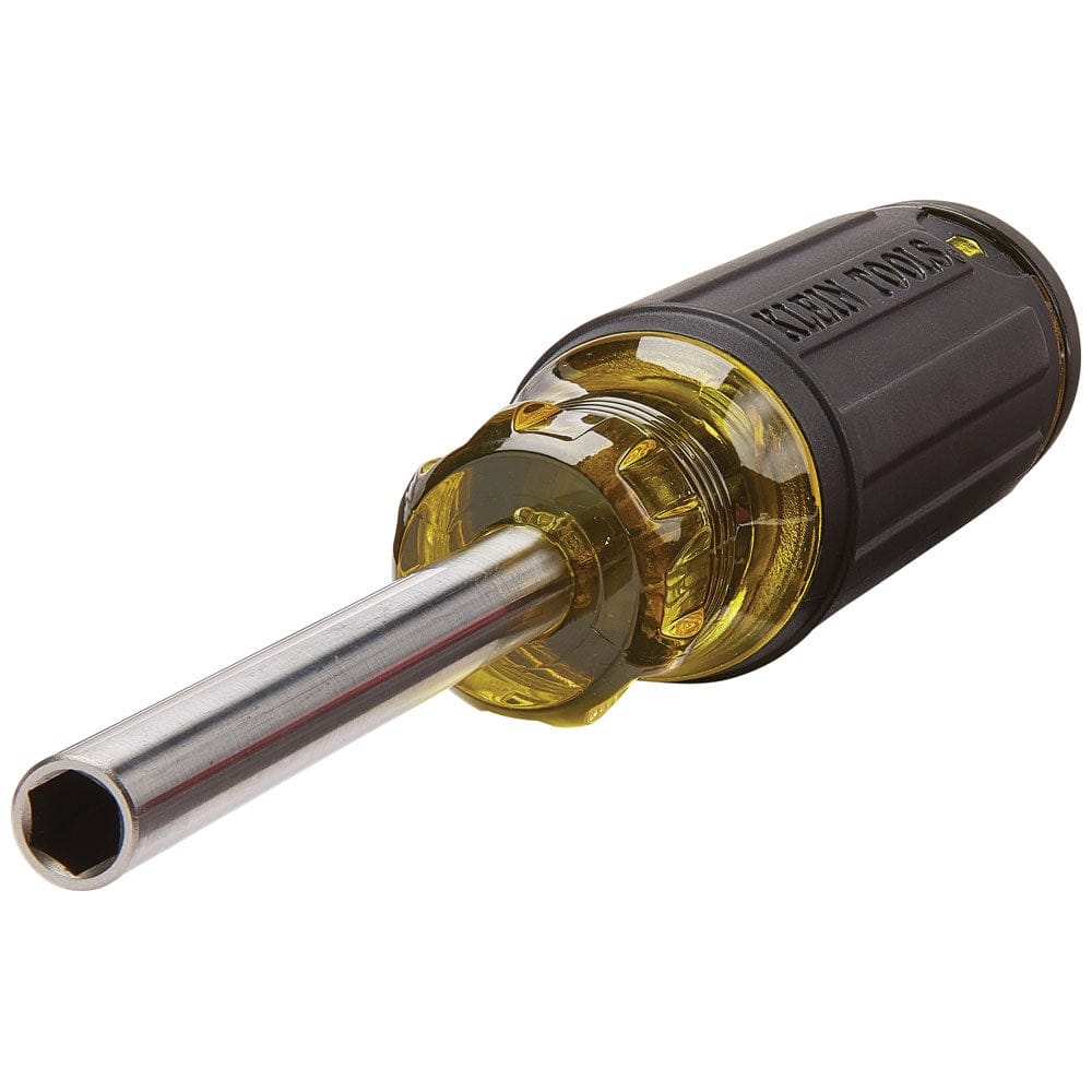 A close-up studio view of the Klein 32307 stainless steel barrel highlighting the integrated 1/4-inch nut driver and the high-torque transparent yellow neck for professional durability.