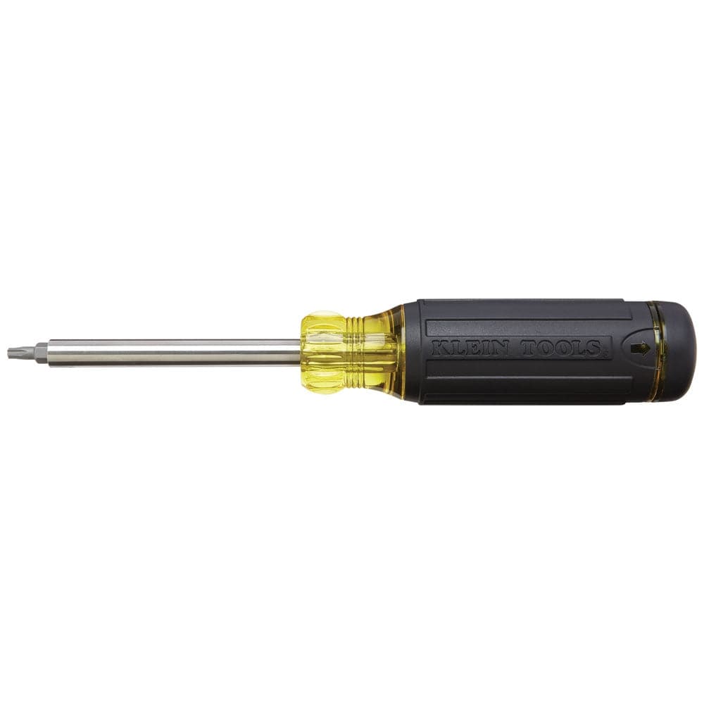 A profile product shot of the Klein Tools 32307 27-in-1 multi-bit screwdriver displayed horizontally, showcasing the ergonomic handle and the precision-machined security bit tip.
