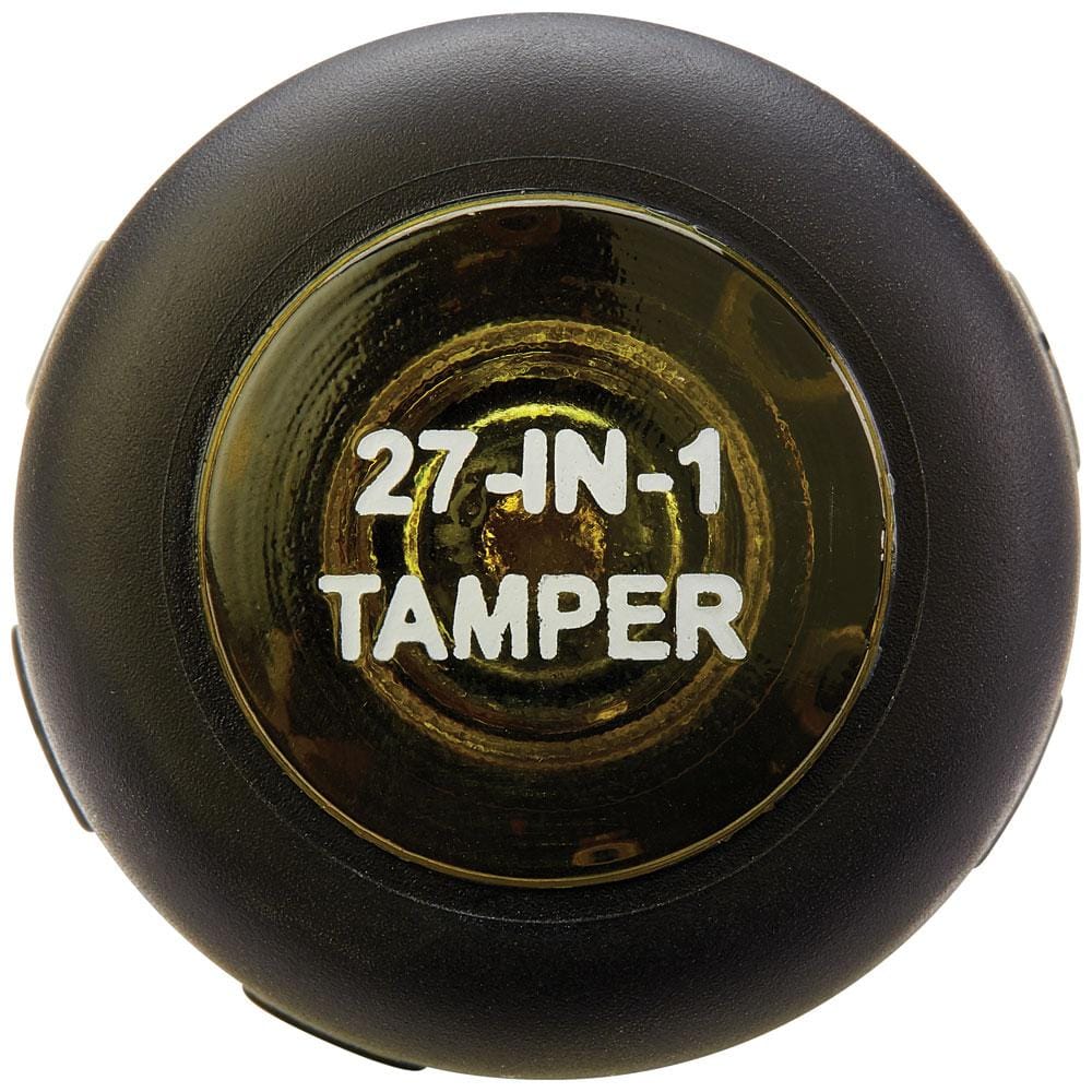 A top-down view of the Klein Tools screwdriver handle dome featuring high-visibility white 27-IN-1 TAMPER text printed on a transparent yellow background for quick professional tool identification.