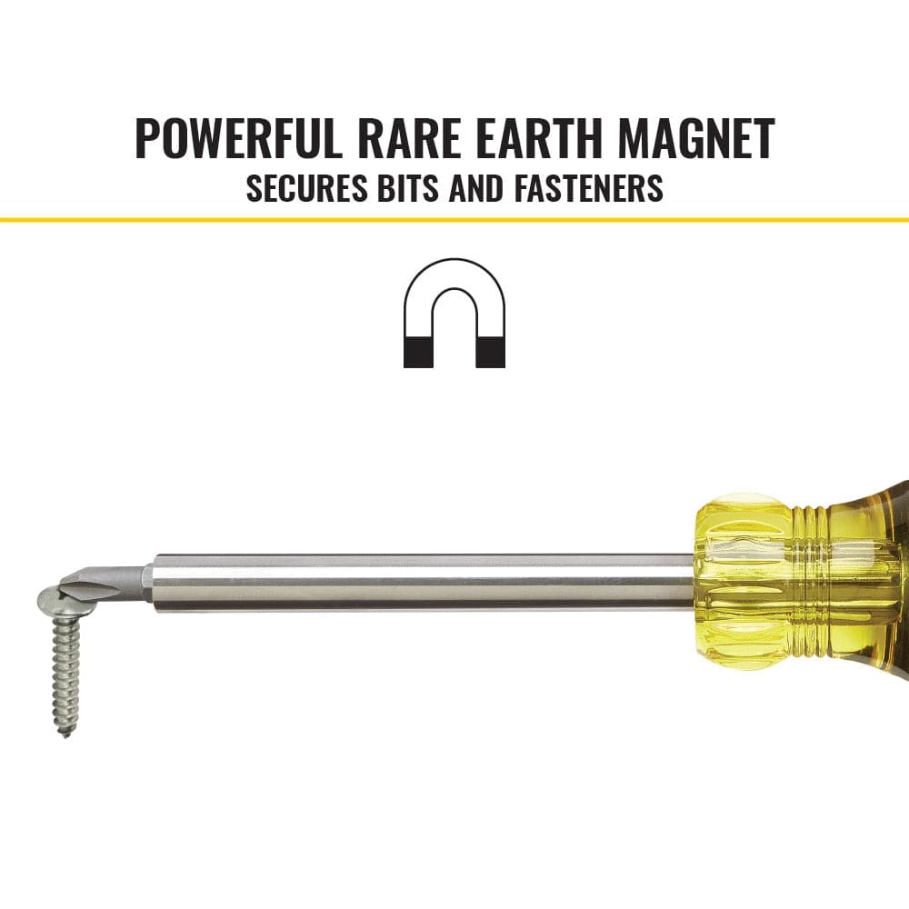 A detailed close-up shot of the Klein 32307 stainless steel barrel securely holding a metal screw via a powerful Rare-Earth magnet, demonstrating superior fastener retention for security work.