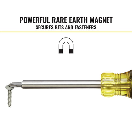 A detailed close-up shot of the Klein 32307 stainless steel barrel securely holding a metal screw via a powerful Rare-Earth magnet, demonstrating superior fastener retention for security work.