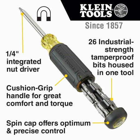 A technical feature graphic for the Klein 32307 set highlighting the 1/4-inch integrated nut driver, internal storage for 26 tamperproof bits, Cushion-Grip handle for torque, and spin cap for precise control.