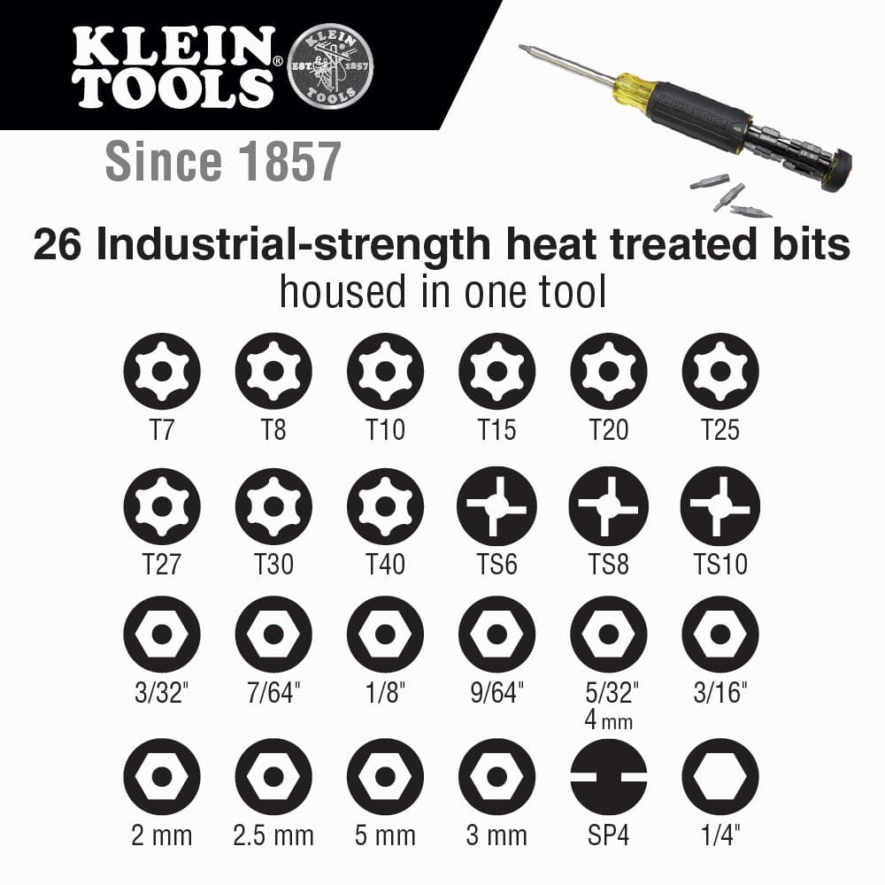 An informational graphic displaying the 27-in-1 capabilities of the Klein 32307, including various security Torx, Torq-Set, Spanner, and tamperproof Hex bit sizes along with the 1/4-inch nut driver.