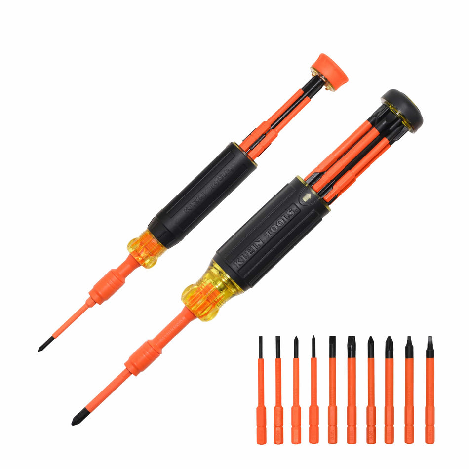 A professional product layout of the Klein Tools 32310INS insulated screwdriver set, featuring both the standard and precision multi-bit handles alongside ten interchangeable insulated bits designed for 1000V electrical safety.