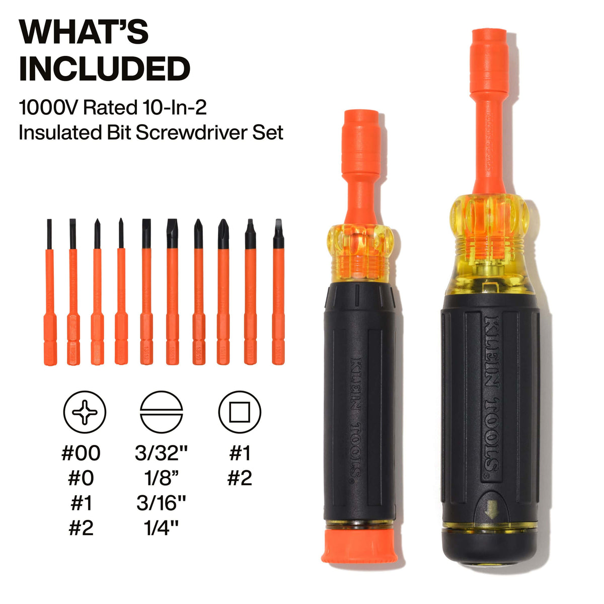 An infographic labeled What’s Included, showcasing the 1000V rated multi-bit and precision screwdriver handles with a clear breakdown of the included bit sizes: Phillips #00, #0, #1, #2; Slotted 3/32 inch, 1/8 inch, 3/16 inch, 1/4 inch; and Square #1, #2.