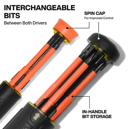Close-up detail of the interchangeable bits between both drivers, highlighting the spin cap on the precision handle for improved control and the integrated in-handle bit storage for organized tool management.