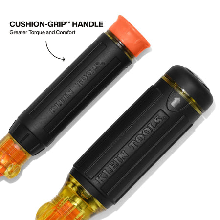 Macro shot of the Cushion-Grip handles on both the standard and precision insulated screwdrivers, emphasizing the ergonomic design built for greater torque and user comfort during electrical work.