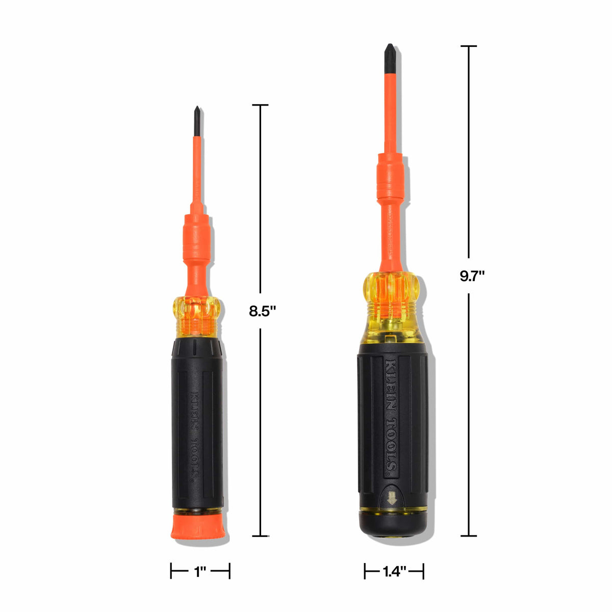A dimension reference graphic showing the precision screwdriver at 8.5 inches long with a 1-inch handle diameter, and the standard multi-bit screwdriver at 9.7 inches long with a 1.4-inch handle diameter.