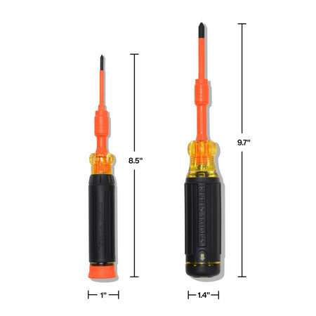 A dimension reference graphic showing the precision screwdriver at 8.5 inches long with a 1-inch handle diameter, and the standard multi-bit screwdriver at 9.7 inches long with a 1.4-inch handle diameter.