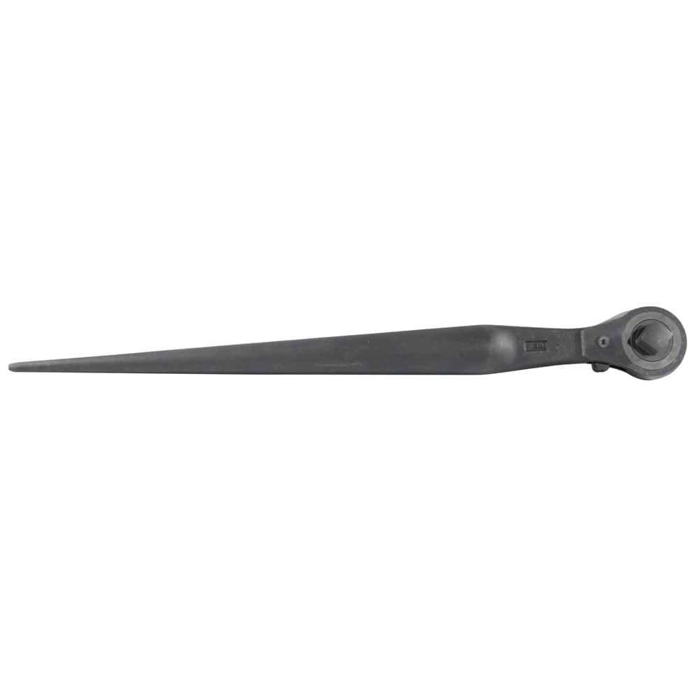 Side profile of the Klein Tools 3238 ratcheting construction wrench, showcasing the durable forged alloy steel body and the long continuous taper handle used by ironworkers for aligning bolt holes.
