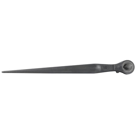 Side profile of the Klein Tools 3238 ratcheting construction wrench, showcasing the durable forged alloy steel body and the long continuous taper handle used by ironworkers for aligning bolt holes.