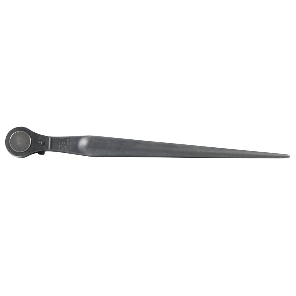 Top-down view of the Klein Tools 3238 1/2-inch square drive spud wrench, displaying the flush reverse side of the heavy-duty ratcheting head and the corrosion-resistant industrial black finish.