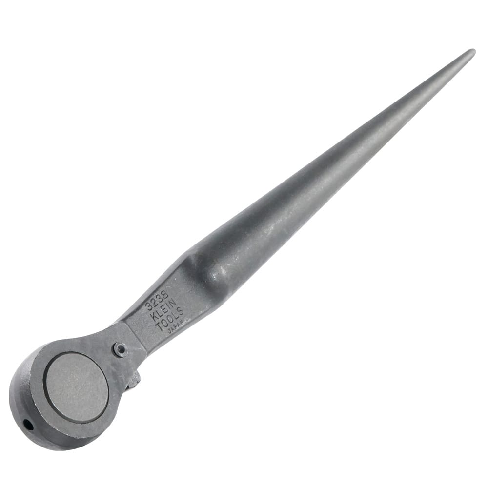 Close-up of the Klein Tools 3238 ratcheting construction wrench, detailing the brand stamping on the forged alloy steel and the smooth transition into the continuous taper spud handle.