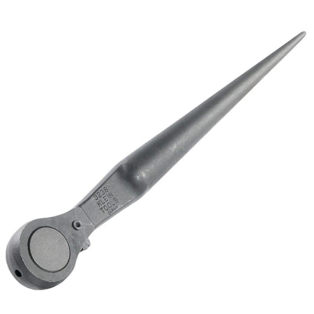Close-up of the Klein Tools 3238 ratcheting construction wrench, detailing the brand stamping on the forged alloy steel and the smooth transition into the continuous taper spud handle.