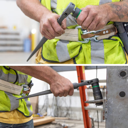Two-panel action shot of an ironworker using the Klein Tools 3238 ratcheting construction spud wrench to attach a hex socket and securely tighten a large bolt on an I-beam during steel erection.