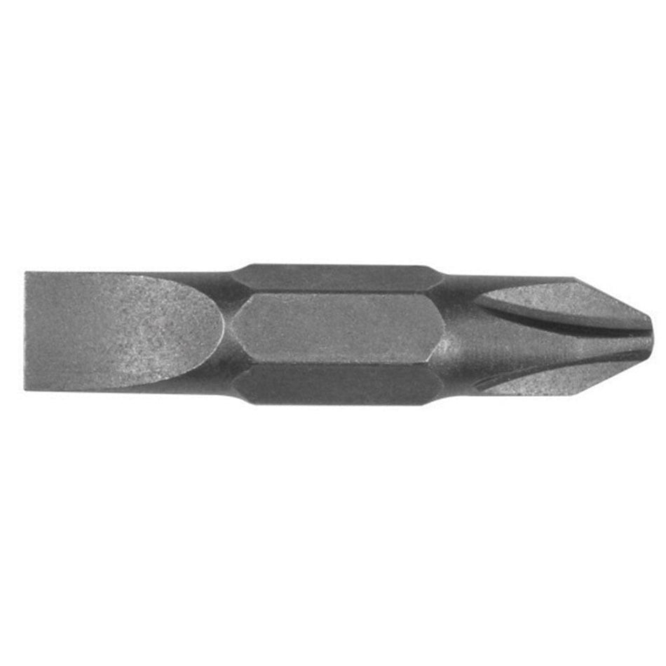 A single grey double-sided screwdriver bit with a Phillips tip on one end and a slotted tip on the other.