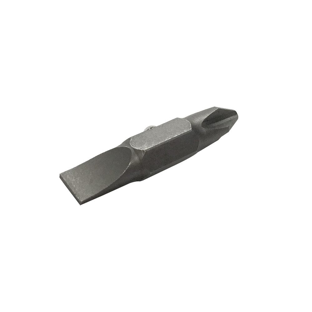 A detailed close-up view focusing on the 1/4-inch slotted tip of the double-sided replacement bit.