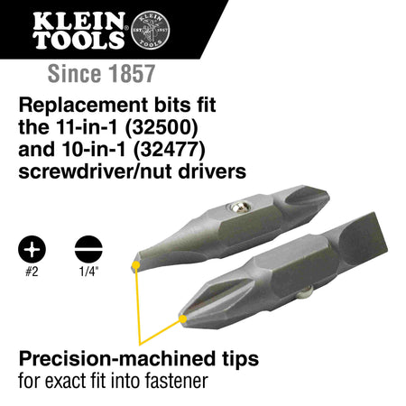 Marketing graphic showing two screwdriver bits with text stating they fit Klein Tools 11-in-1 and 10-in-1 drivers and feature precision-machined tips for an exact fit.
