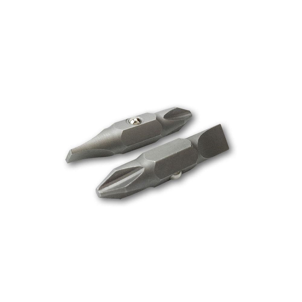 Two industrial grey double-sided screwdriver bits displayed at an angle against a white background with soft shadows.