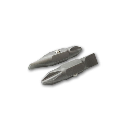 Two industrial grey double-sided screwdriver bits displayed at an angle against a white background with soft shadows.