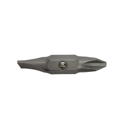 Side profile of a replacement screwdriver bit showing the #2 Phillips and 1/4-inch slotted ends with a center ball detent for secure fit.