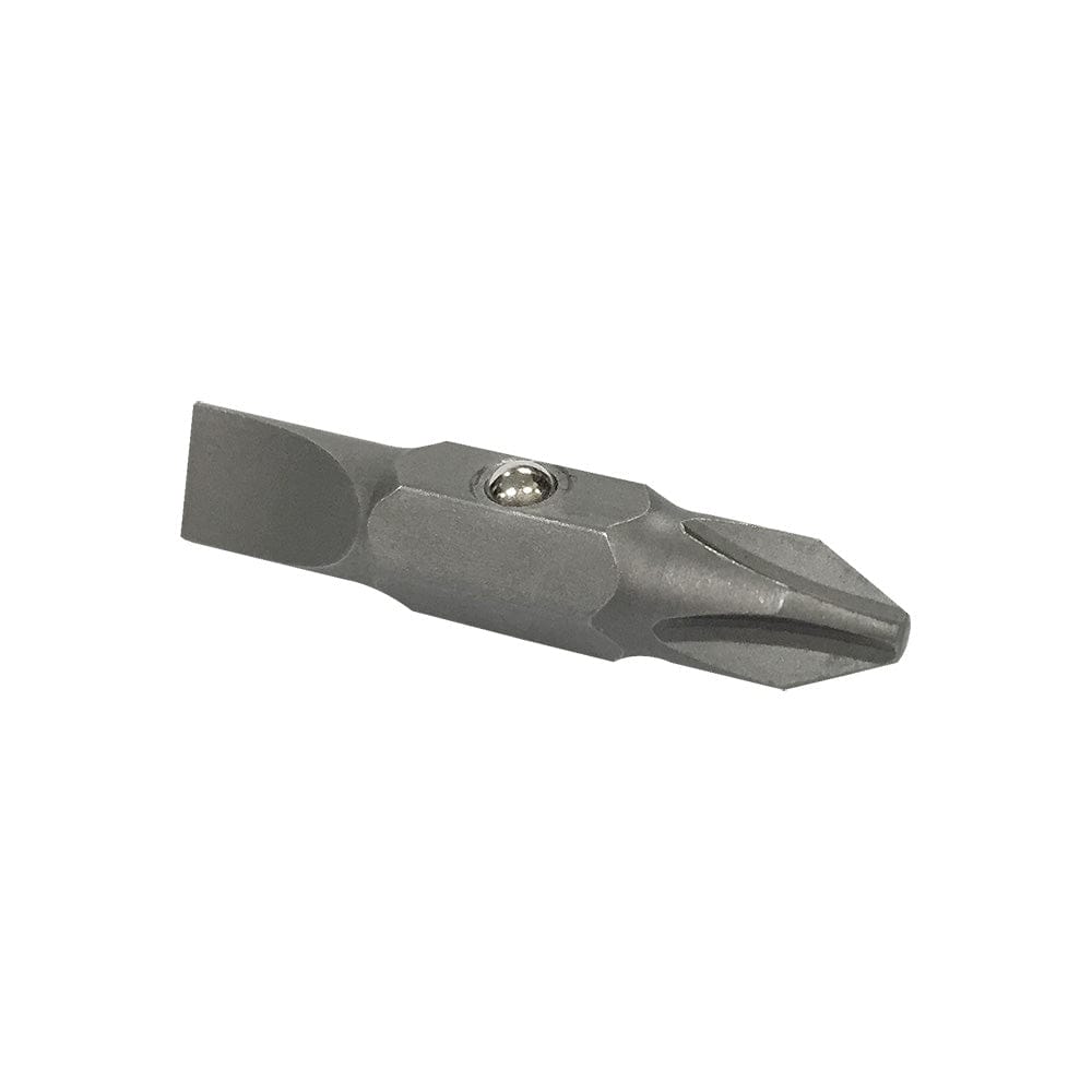 An angled close-up view of a single double-sided screwdriver bit showing the #2 Phillips head and the 1/4-inch slotted head.