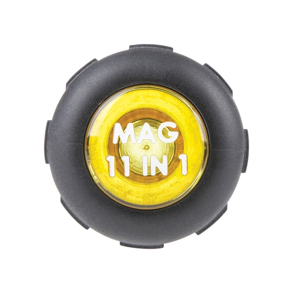 A direct top-down close-up of the yellow handle end cap on the 11-in-1 screwdriver featuring the printed text MAG 11 IN 1.