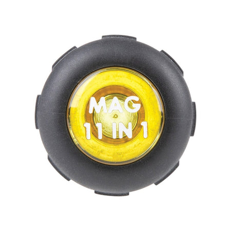 A direct top-down close-up of the yellow handle end cap on the 11-in-1 screwdriver featuring the printed text MAG 11 IN 1.