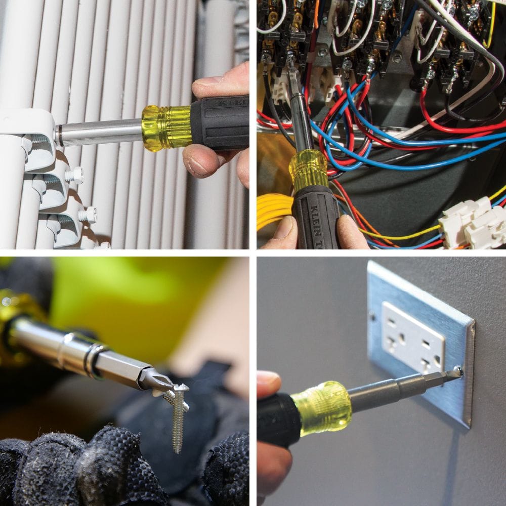 A four-panel application collage showing the 32500MAG screwdriver being used to secure conduit straps, wire electrical components, hold a screw via its integrated magnet, and tighten an outlet cover plate.