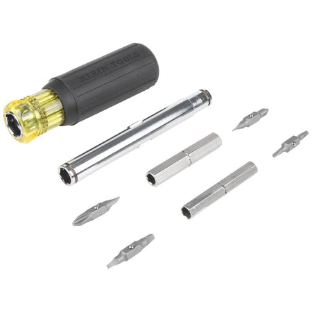An exploded product view showing all eleven components of the 32500MAG kit, including the cushion-grip handle, interchangeable main shaft, secondary nut driver shanks, and four double-ended bits.