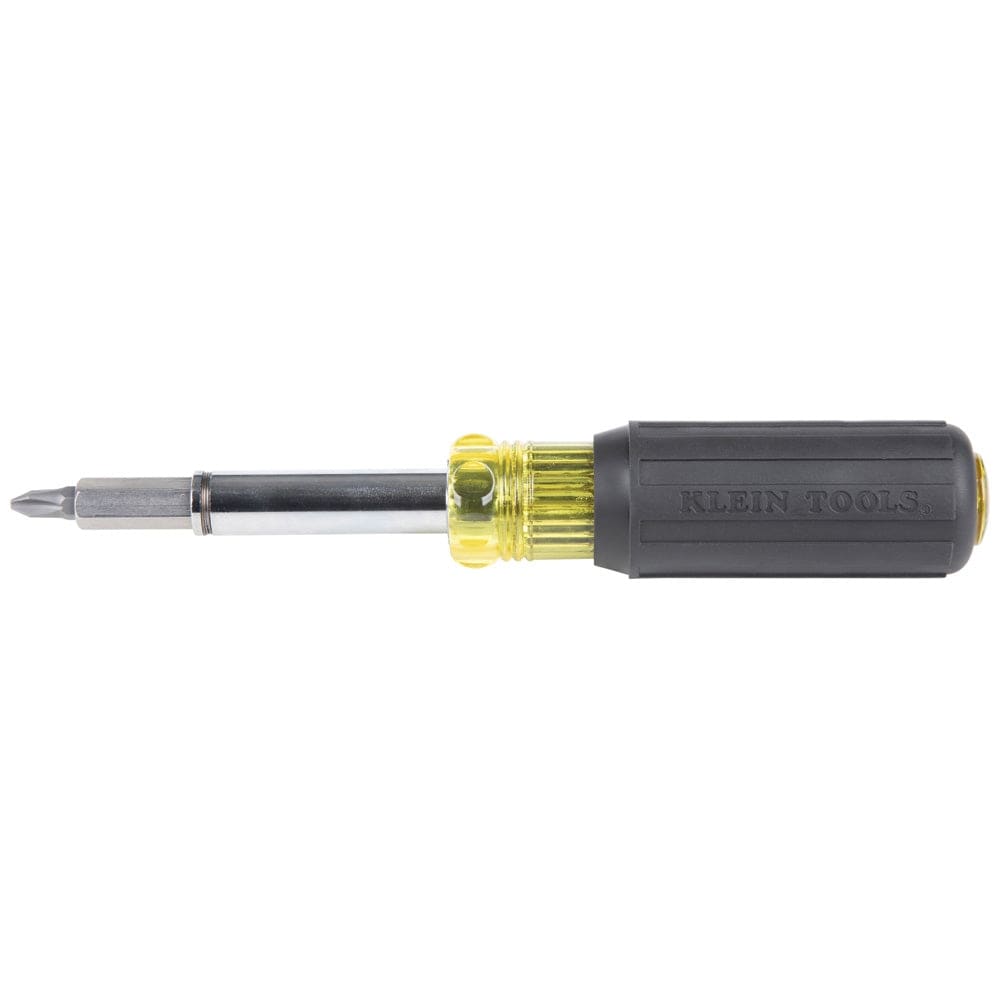 A standard side profile view of the fully assembled Klein Tools 11-in-1 magnetic multi-bit screwdriver and nut driver against a plain white background.