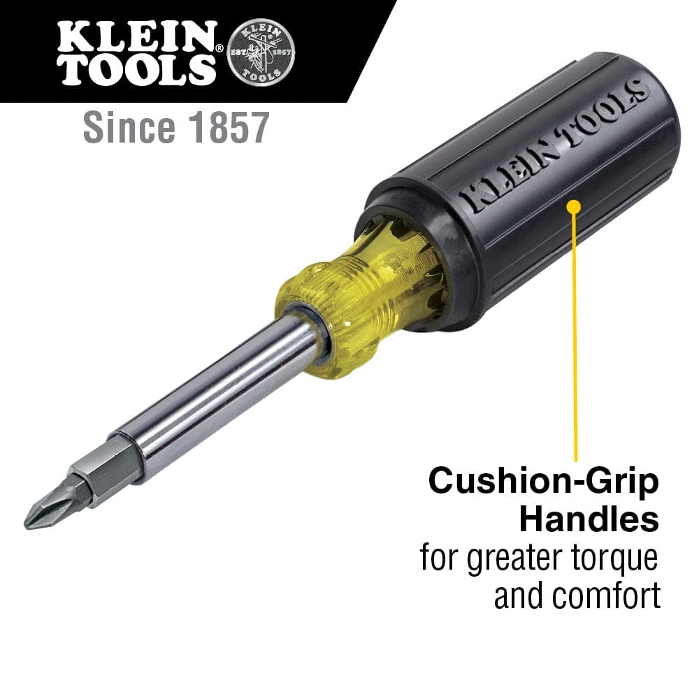 The Klein Tools 11-in-1 screwdriver is shown with text highlighting the Cushion-Grip handles for greater torque and comfort, alongside the company's logo and heritage since 1857.