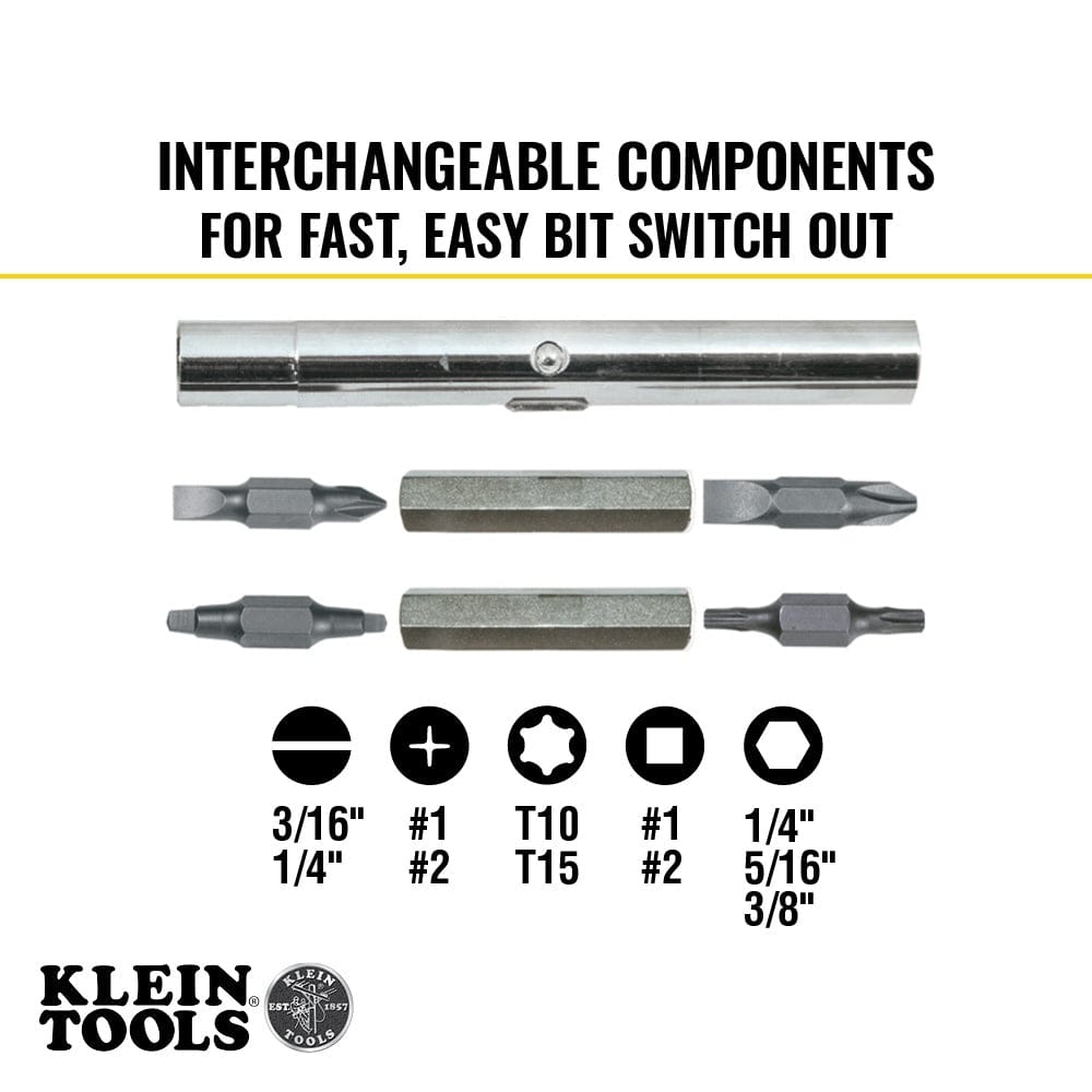An infographic titled Interchangeable Components for Fast, Easy Bit Switch Out, showing the bit tips and nut driver shafts with labeled icons for Phillips, slotted, TORX, square, and nut driver sizes ranging from 1/4-inch to 3/8-inch.