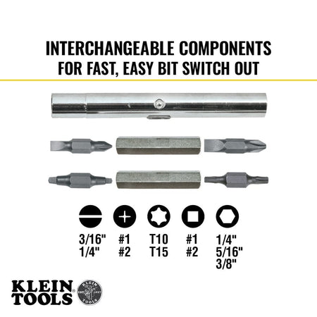 An infographic titled Interchangeable Components for Fast, Easy Bit Switch Out, showing the bit tips and nut driver shafts with labeled icons for Phillips, slotted, TORX, square, and nut driver sizes ranging from 1/4-inch to 3/8-inch.
