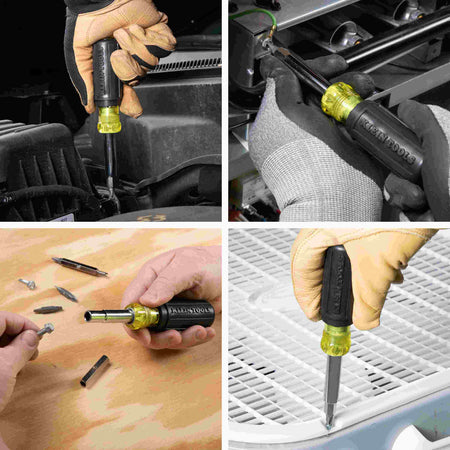 A four-panel collage showing the 11-in-1 tool in various applications, including automotive engine maintenance, electrical box repair, HVAC component assembly, and appliance servicing.