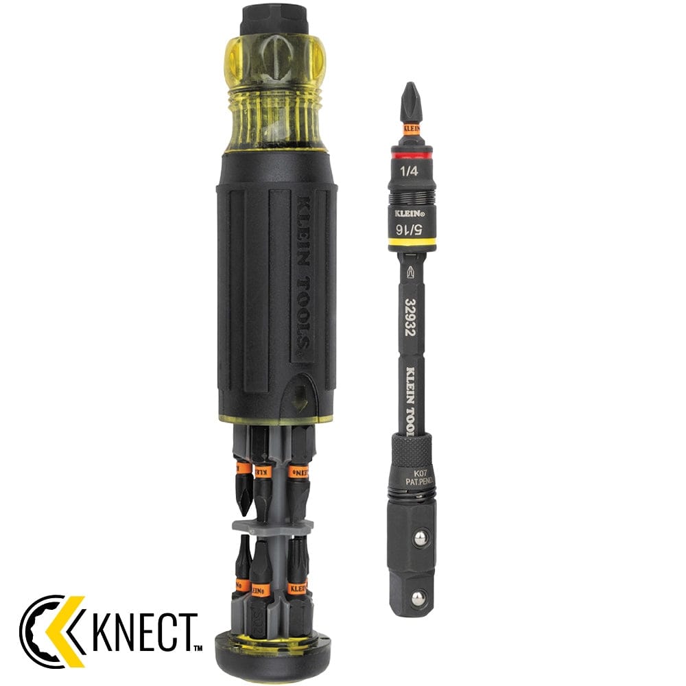 Studio shot of the Klein Tools 16-in-1 screwdriver showing the black cushion-grip handle with onboard bit storage at the bottom, alongside the detached impact-rated shaft.
