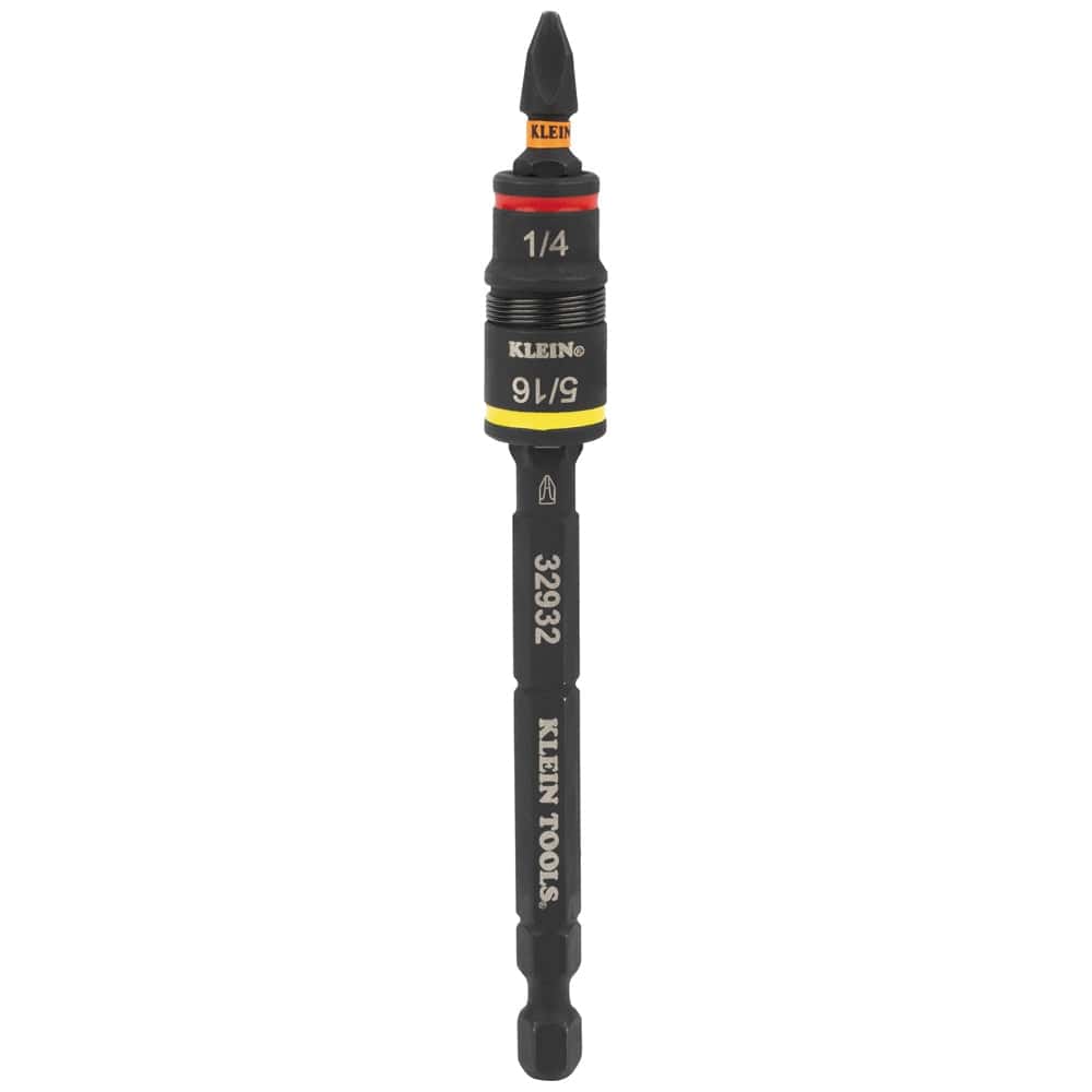 Close-up detail of the black impact-rated shaft showing the 1/4 inch and 5/16 inch flip socket markings and the double-ended bit held at the top.