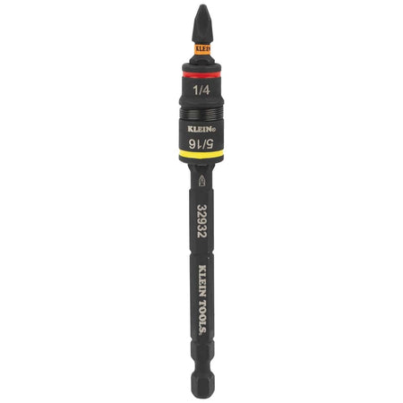 Close-up detail of the black impact-rated shaft showing the 1/4 inch and 5/16 inch flip socket markings and the double-ended bit held at the top.