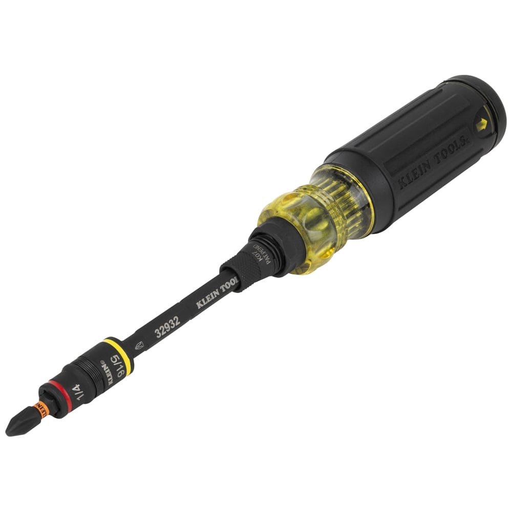 Isometric view of the assembled Klein Tools hybrid screwdriver featuring the black handle, yellow accents, and impact-rated shaft ready for use.