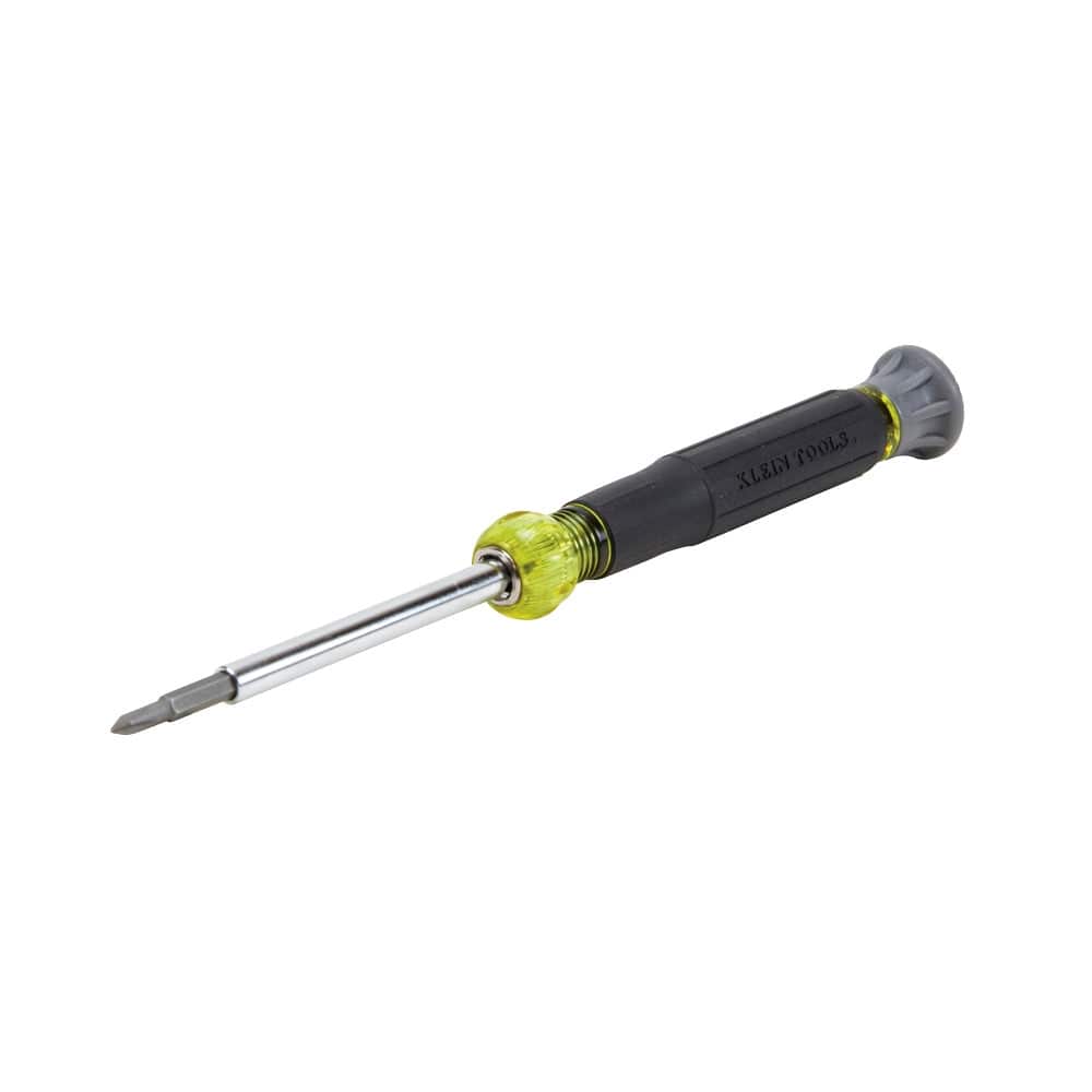 A studio shot of the Klein Tools 32581 4-in-1 multi-bit electronics screwdriver. The tool features a black and yellow Cushion-Grip handle, a gray rotating swivel cap at the end, and a chrome-plated barrel holding a precision bit.