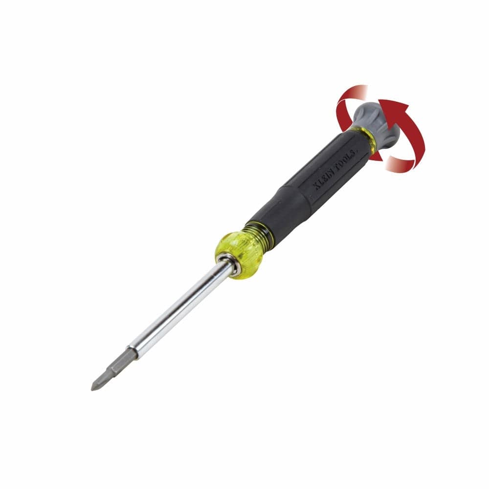 An angled view of the 4-in-1 electronics screwdriver with a red circular arrow graphic around the gray end cap, illustrating the tool's 360-degree rotating swivel cap feature.
