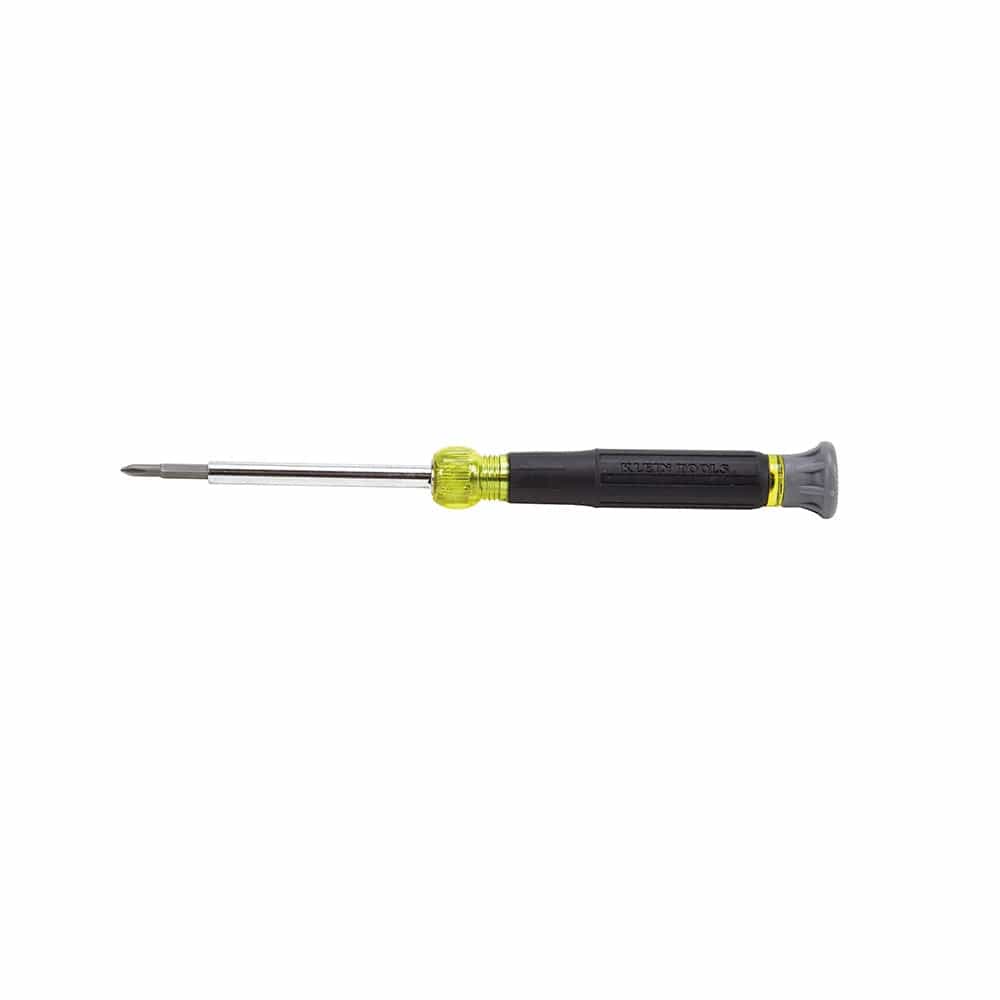 A horizontal profile shot of the Klein Tools precision screwdriver against a white background, showing the full length of the tool from the bit tip to the rotating swivel cap.