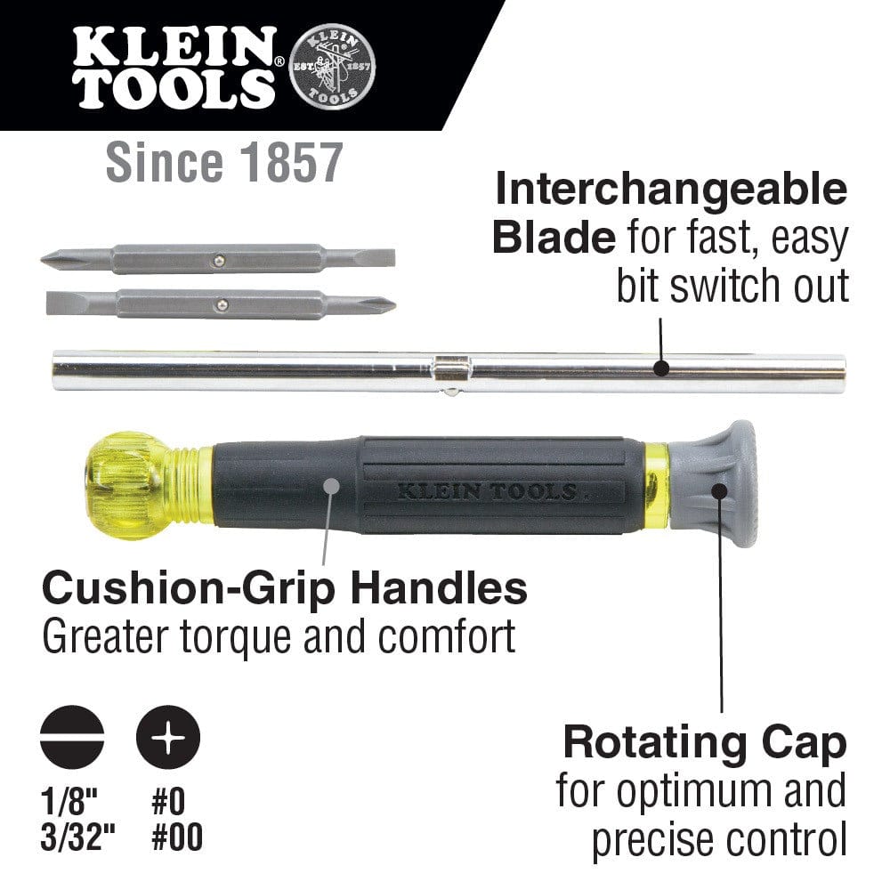 An infographic for the 32581 screwdriver showing its disassembled components including the two double-ended bits and the interchangeable chrome barrel. Text labels highlight the Cushion-Grip handles for torque and comfort, and the rotating cap for precise control. Labeled icons at the bottom indicate the bit sizes: 1/8-inch and 3/32-inch slotted, and #0 and #00 Phillips.