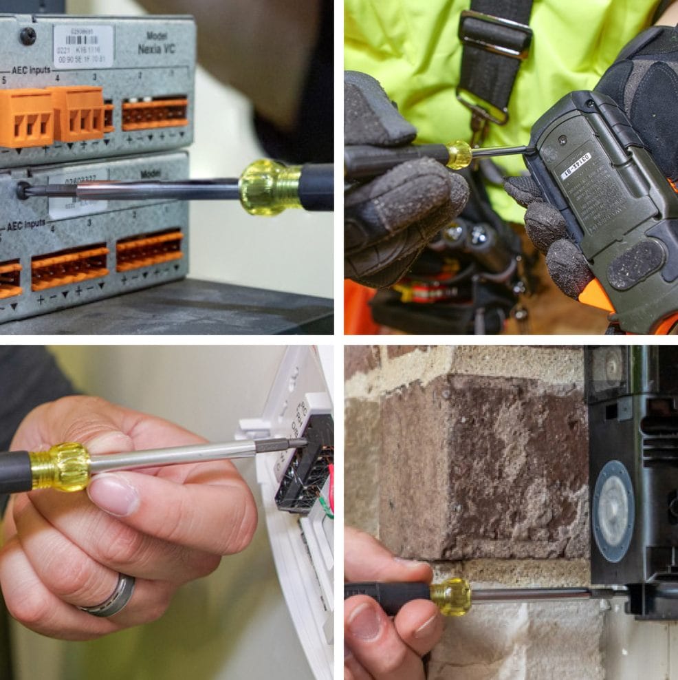 A four-panel action collage showing the precision screwdriver being used in various electronics applications: adjusting terminal blocks on a control panel, servicing a handheld electronic device, wiring a wall-mounted thermostat, and performing maintenance on an outdoor electrical component.