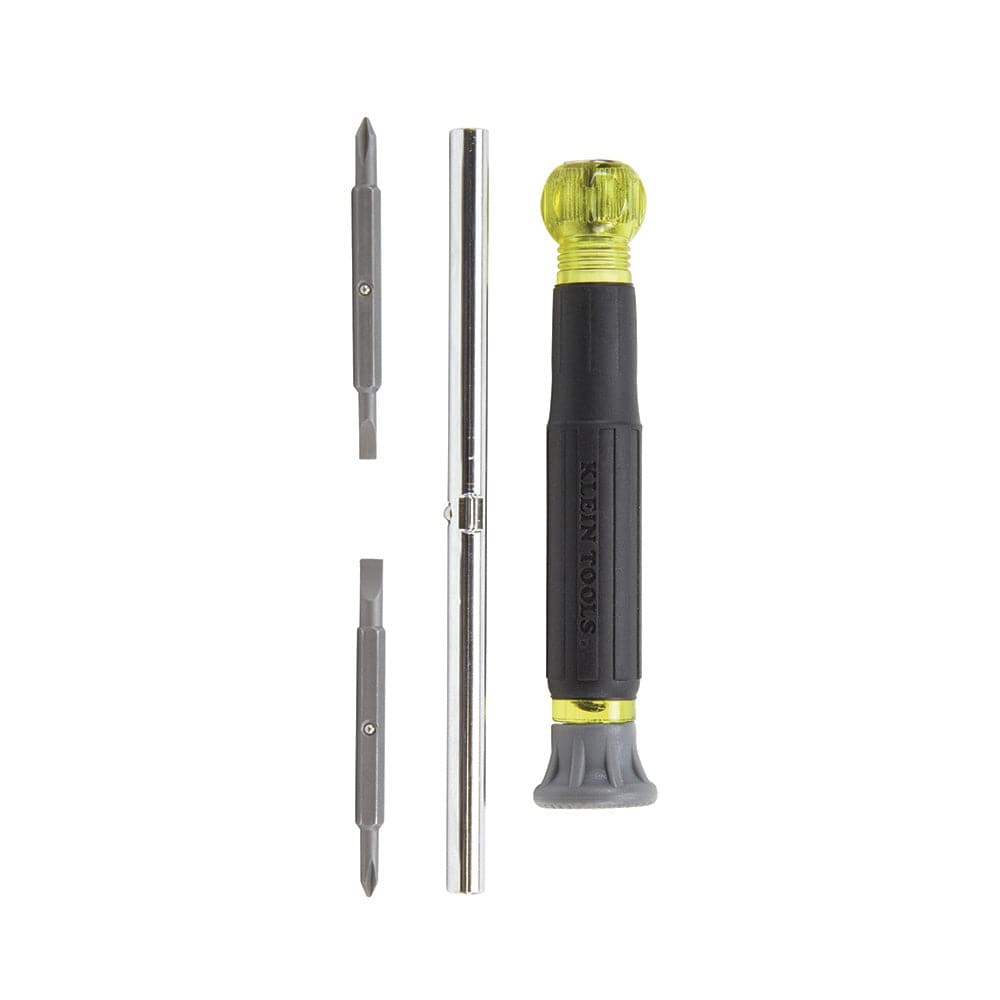 The components of the Klein Tools 32581 laid out vertically against a white background, including the two double-ended precision bits, the hollow chrome-plated barrel, and the cushioned handle with its gray swivel cap.