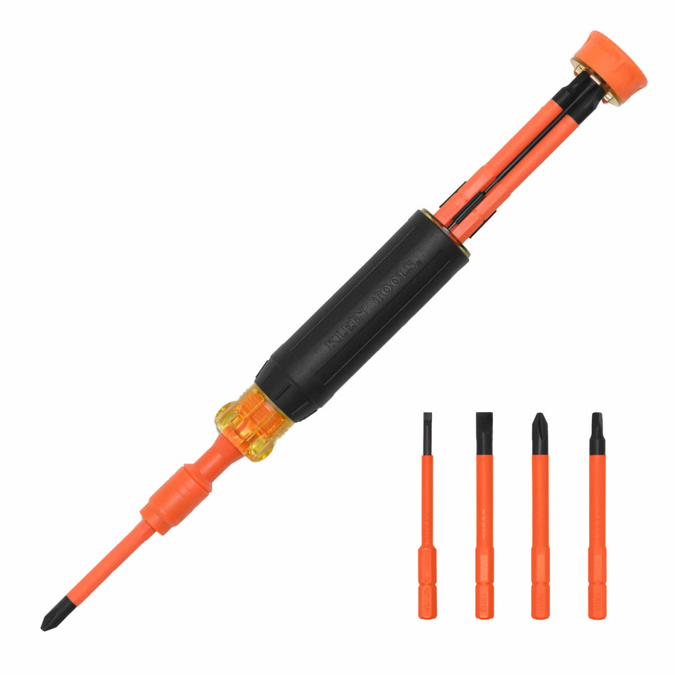 A professional product layout of the Klein Tools 32604INS insulated screwdriver, featuring the auto-locking handle with a slim-tip bit installed and four interchangeable insulated bits—Phillips, Slotted, and Square—designed for 1000V electrical safety.