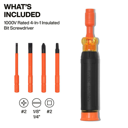 An infographic labeled What’s Included, showcasing the 1000V rated 4-in-1 insulated screwdriver handle alongside a clear visual breakdown of the included bit tips: #2 Phillips, 1/8-inch and 1/4-inch Slotted, and #2 Square.